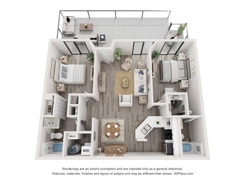 Floor plan for 2 beds, 2 baths, 1101 sqft